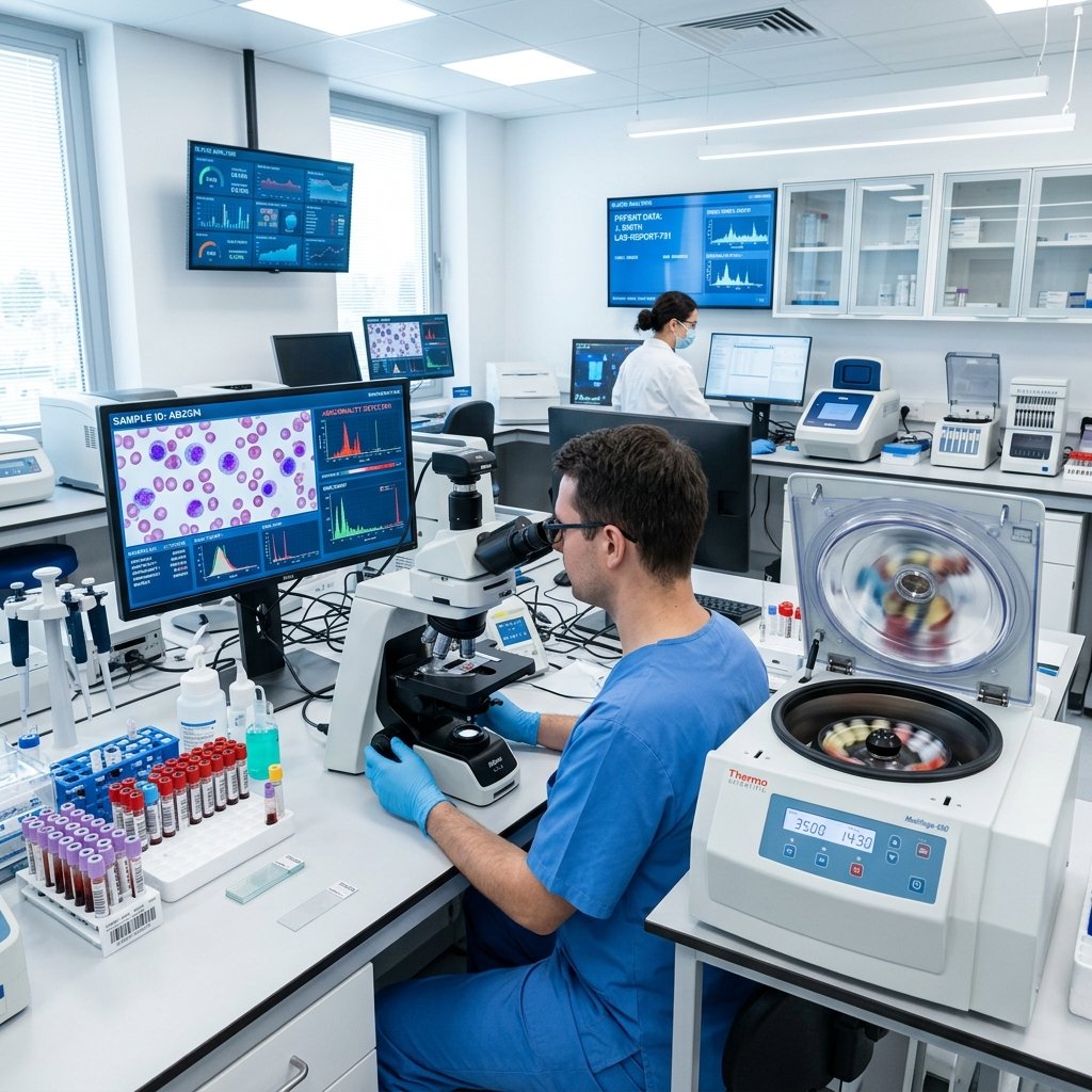 Clinical pathology centrifuge and diagnostics microscope